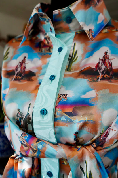 Daisy Original Painted Cowboy Scenes w/ Turquoise Groovy Button Down - Size 16
