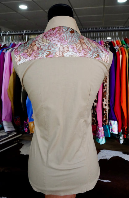S - Daisy Pastel Floral on Tan Cotton Button Down