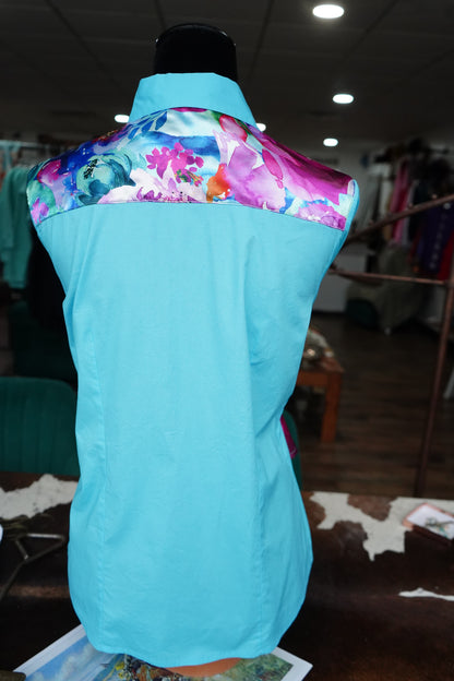 XL - Watercolor Floral on Sky Blue Cotton Button Down