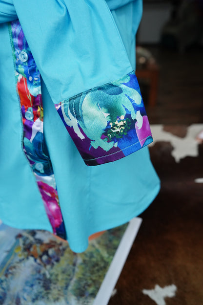 XL - Watercolor Floral on Sky Blue Cotton Button Down