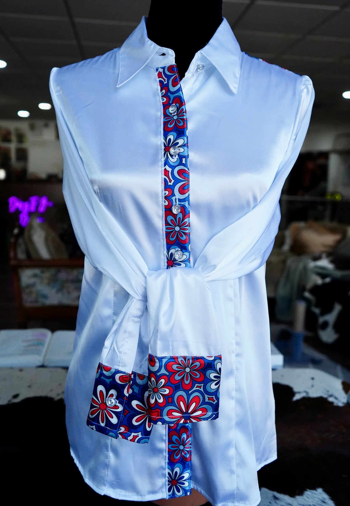 L - Patriotic Floral on White Satin Button Down