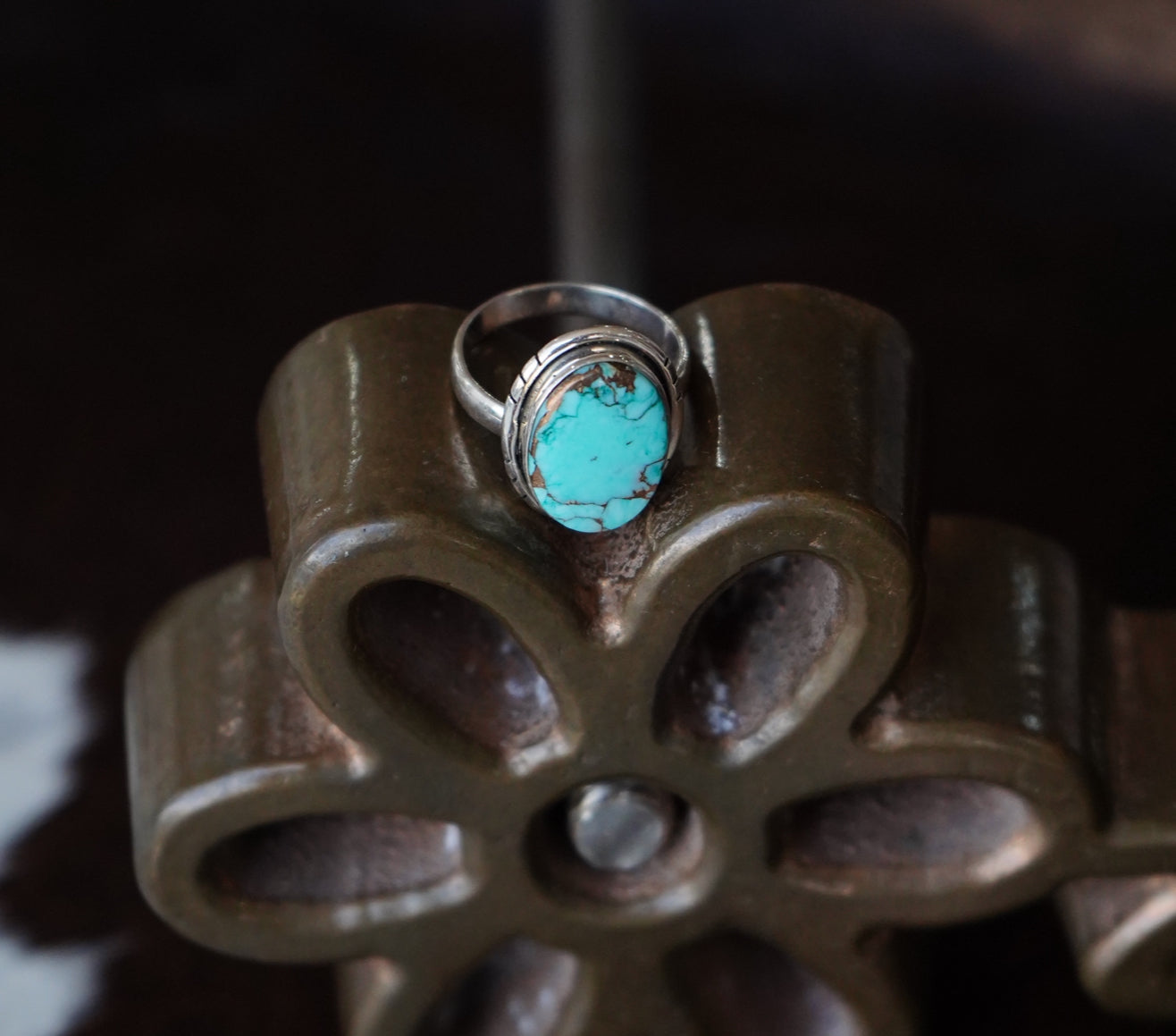 Round Turquoise w/ Stamped Border Ring - Adj