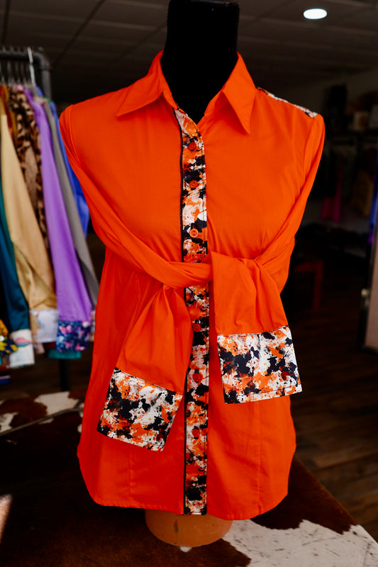 L - Pokes Paint Splatter on Orange Cotton Button Down