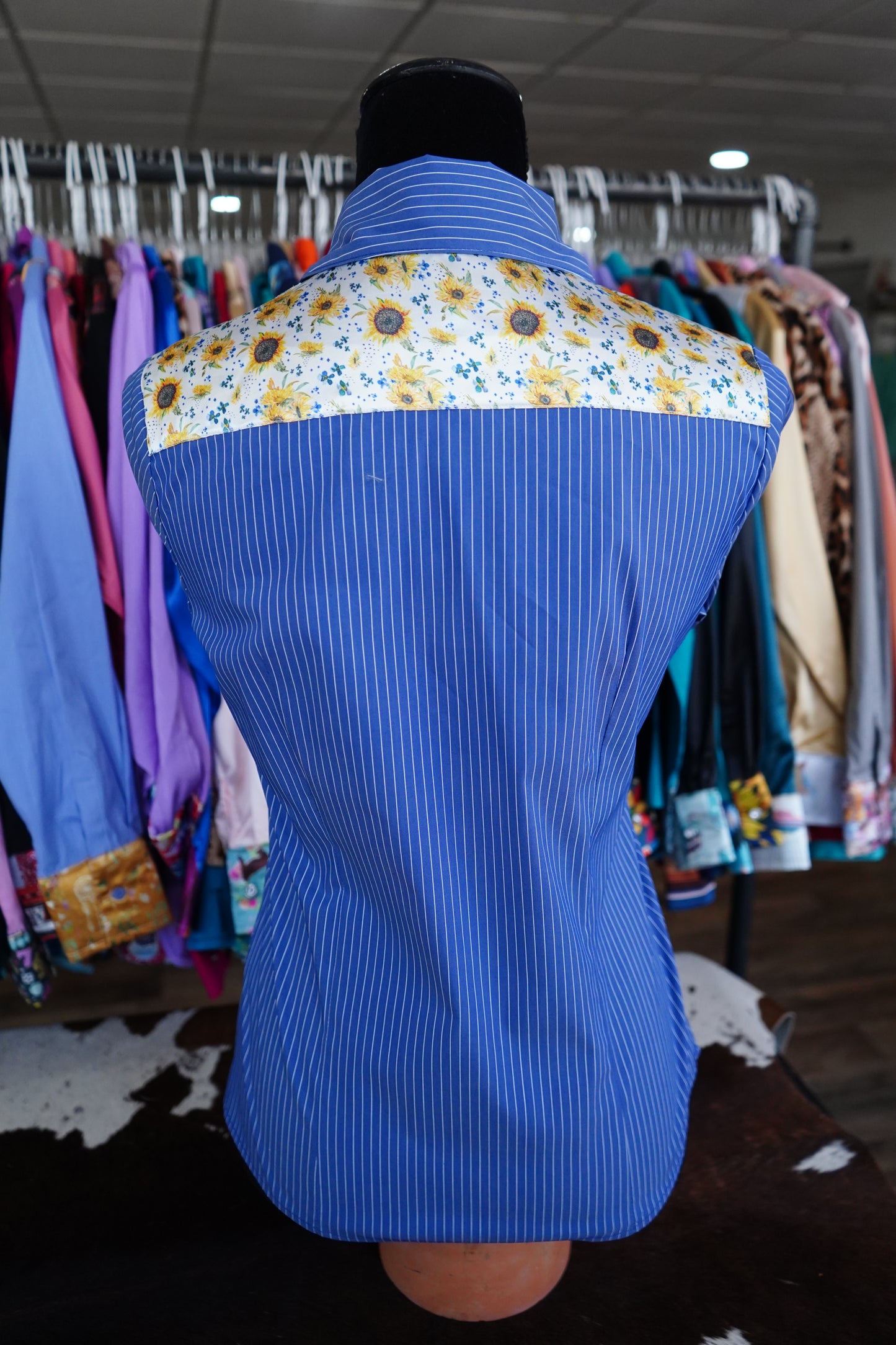 S - Mini Sunflowers on Denim Stripe Cotton Button Down