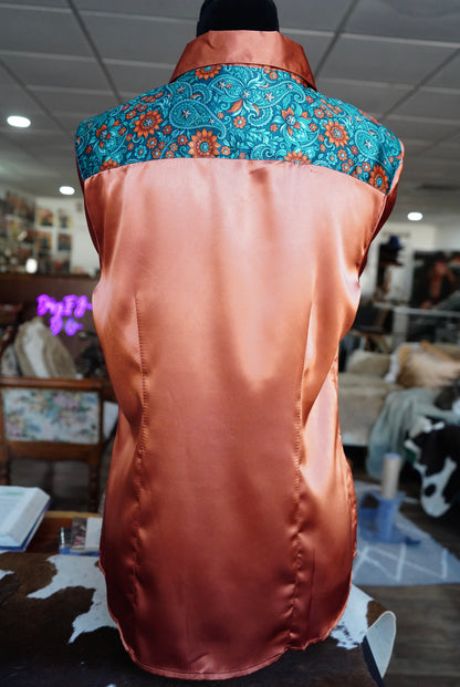 L - Teal & Rust Floral Paisley on Rust Satin Button Down