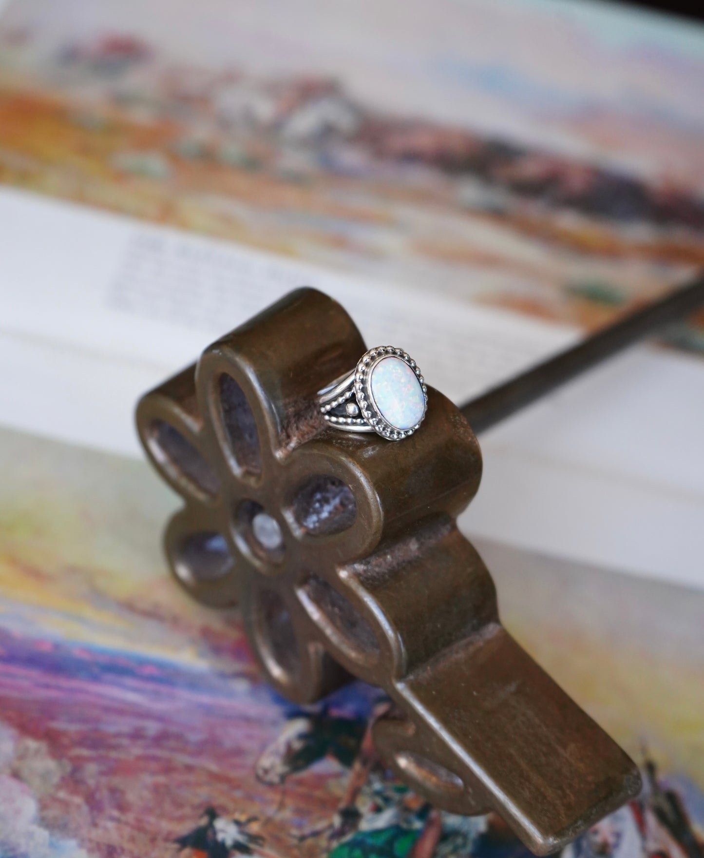 Thomas Yazzie White Opal w/ Beaded Band Ring - Sz 6