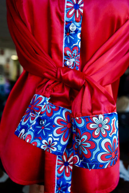 L - Patriotic Floral on Red Satin Button Down