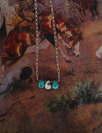 3 Stone Turquoise Teardrops on Paper Clip Chain Necklaces