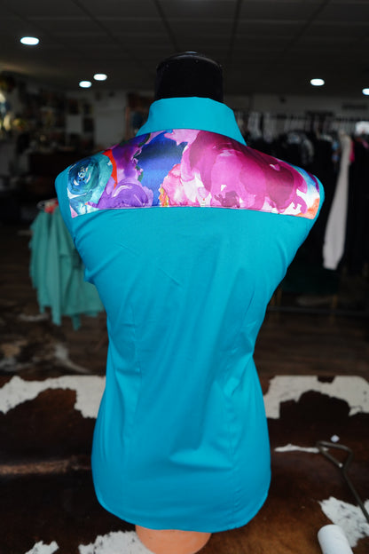 S - Watercolor Floral on Teal Cotton Button Down