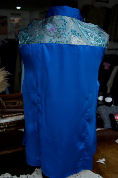 2XL - Gray Boho Paisley on Blue Satin Button Down