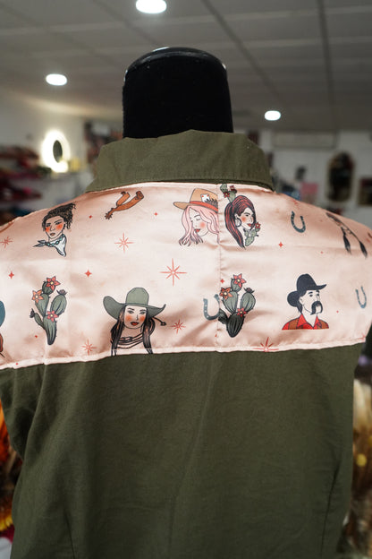 3XL - PRE-LOVED Western Drawings on Olive Cotton Button Down