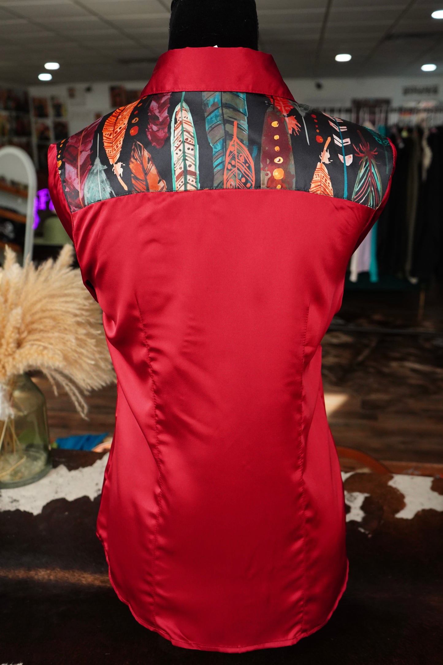 M - Multi Color Feathers on Burgundy Satin Button Down