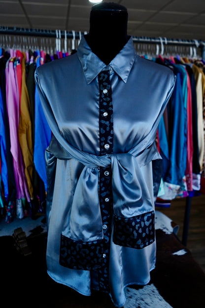 3XL - Black & Grey Cheetah on Silver Satin Button Down