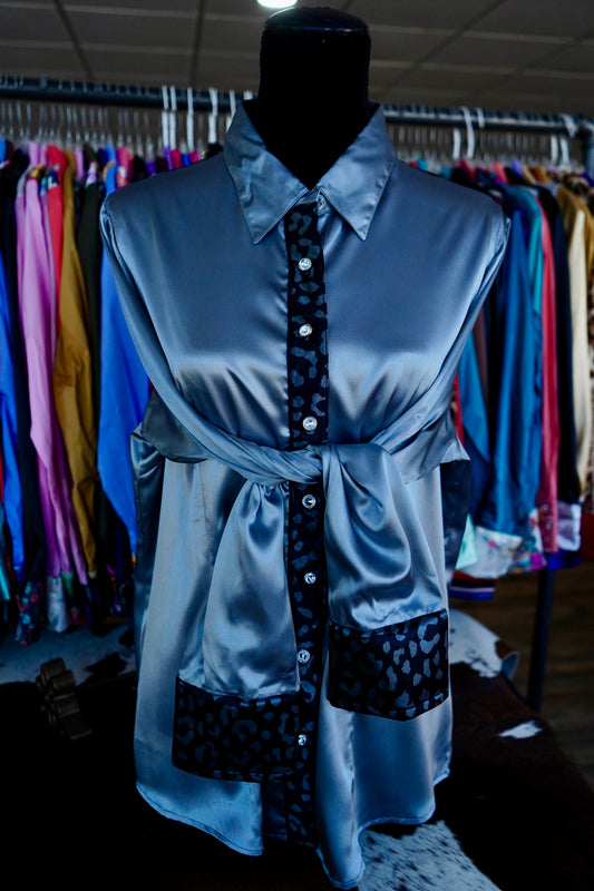 3XL - Black & Grey Cheetah on Silver Satin Button Down
