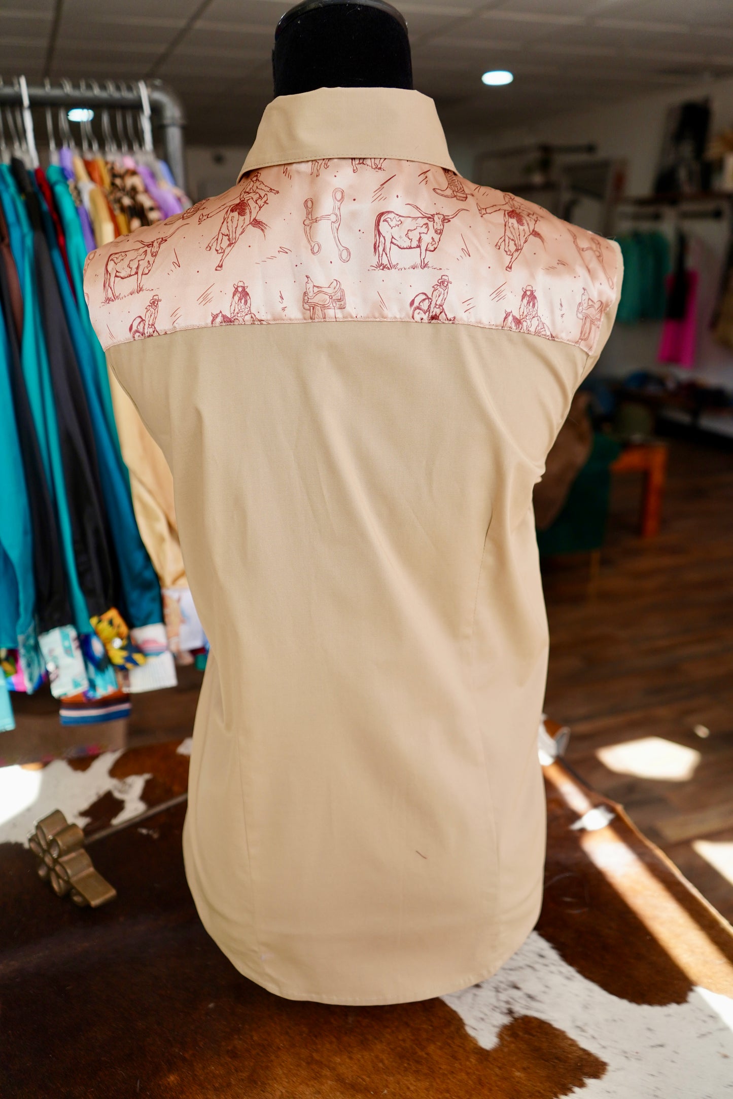 XL - Cowboy Sketches on Tan Cotton Button Down