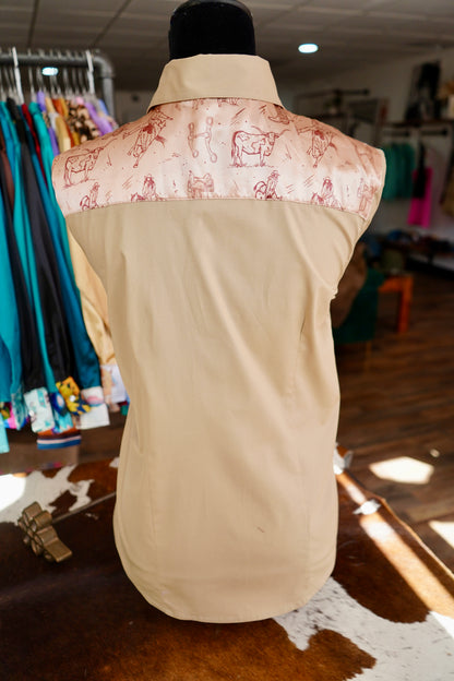 XL - Cowboy Sketches on Tan Cotton Button Down
