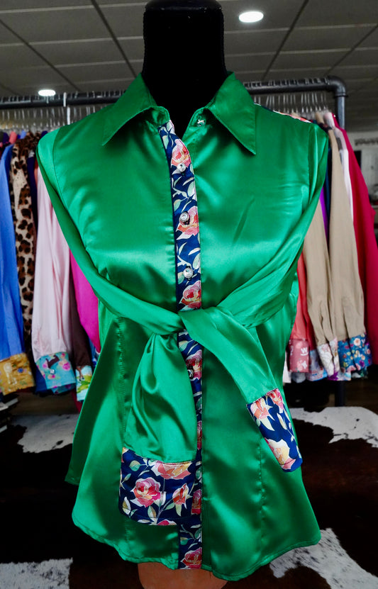 M - Stained Glass Roses on Kelly Green Satin Button Down
