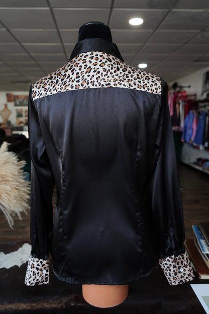 L - Cheetah on Black Satin Button Down