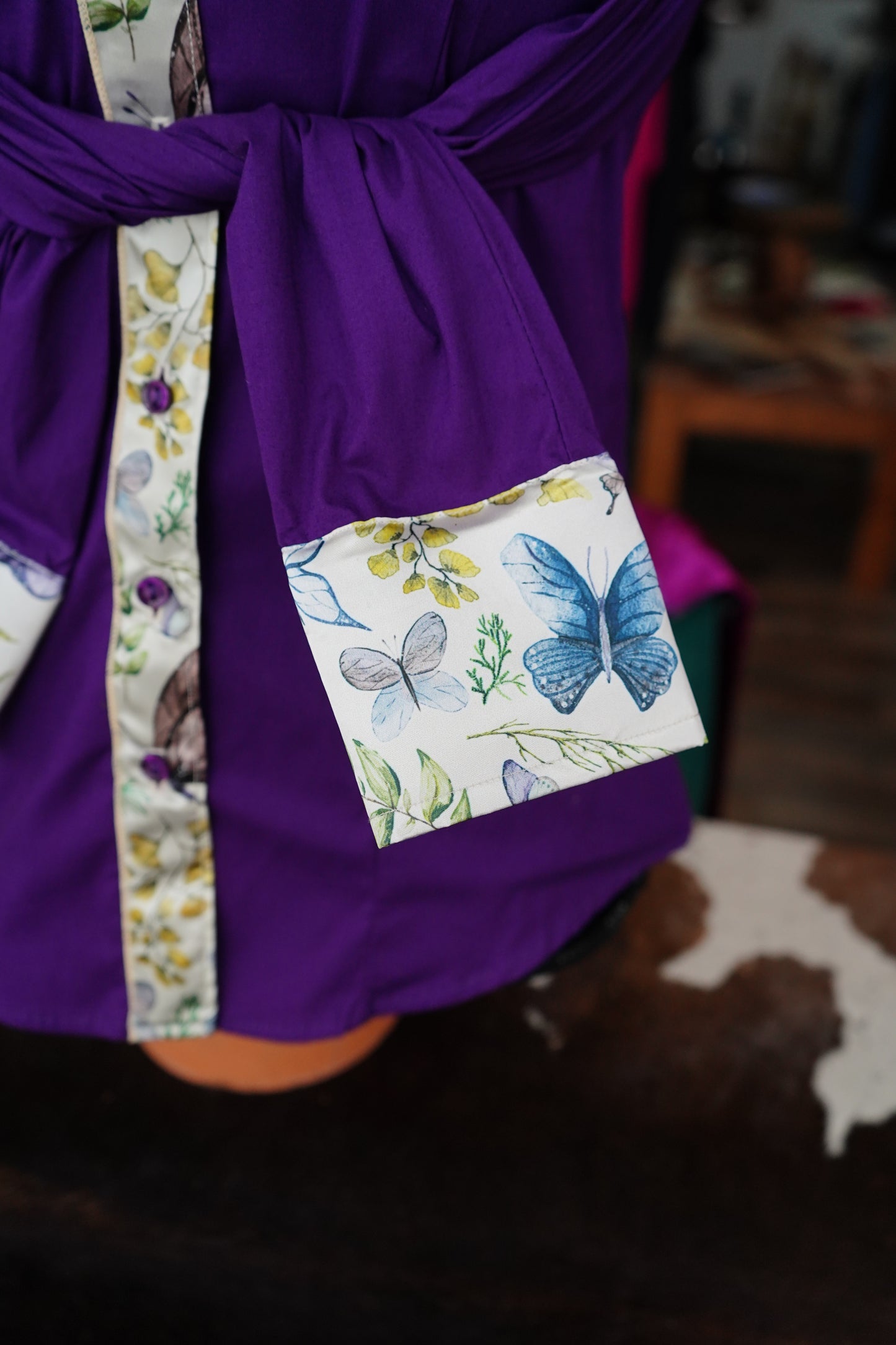 M - Butterflies & Leaves on Purple Cotton Button Down