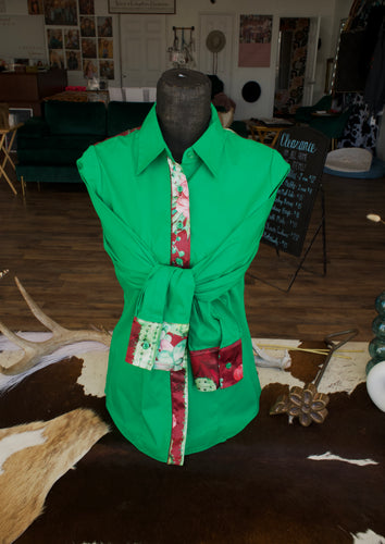 L - Maroon Cactus on Green Cotton Button Down