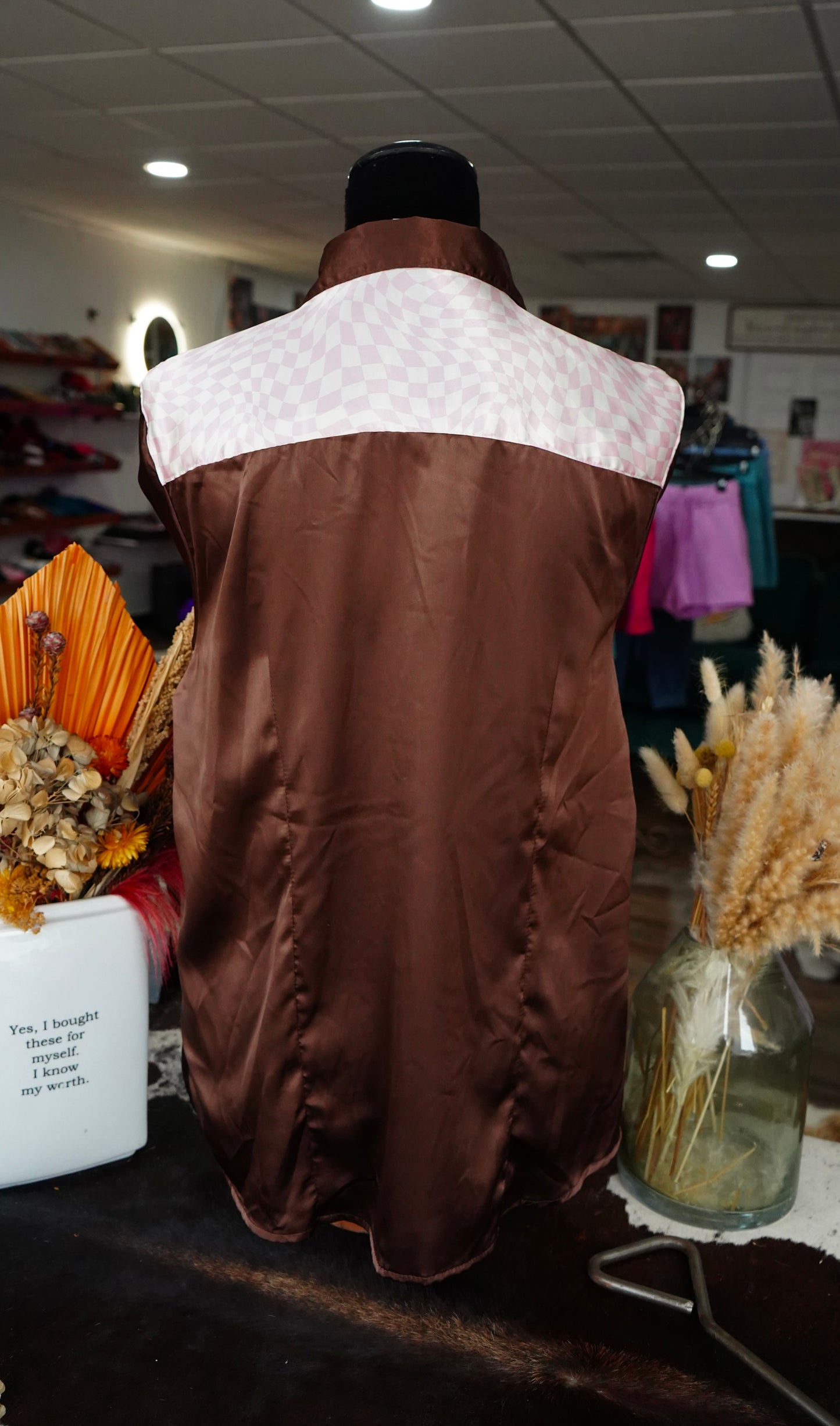 2XL - Brown Satin w/ Pink Wavy Checkered Button Down