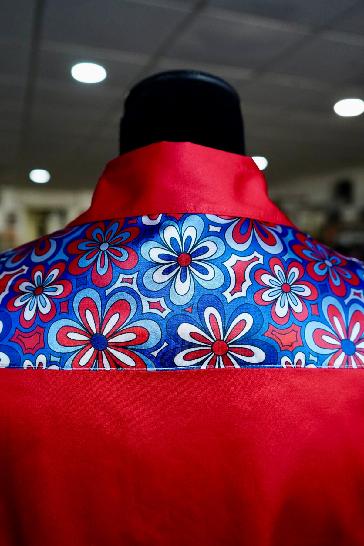 L - Patriotic Floral on Red Satin Button Down