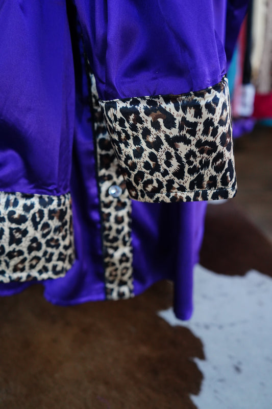 2XL - Cheetah on Purple Satin Button Down