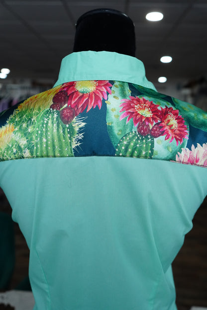 M - Large Green Cactus on Mint Cotton Button Down