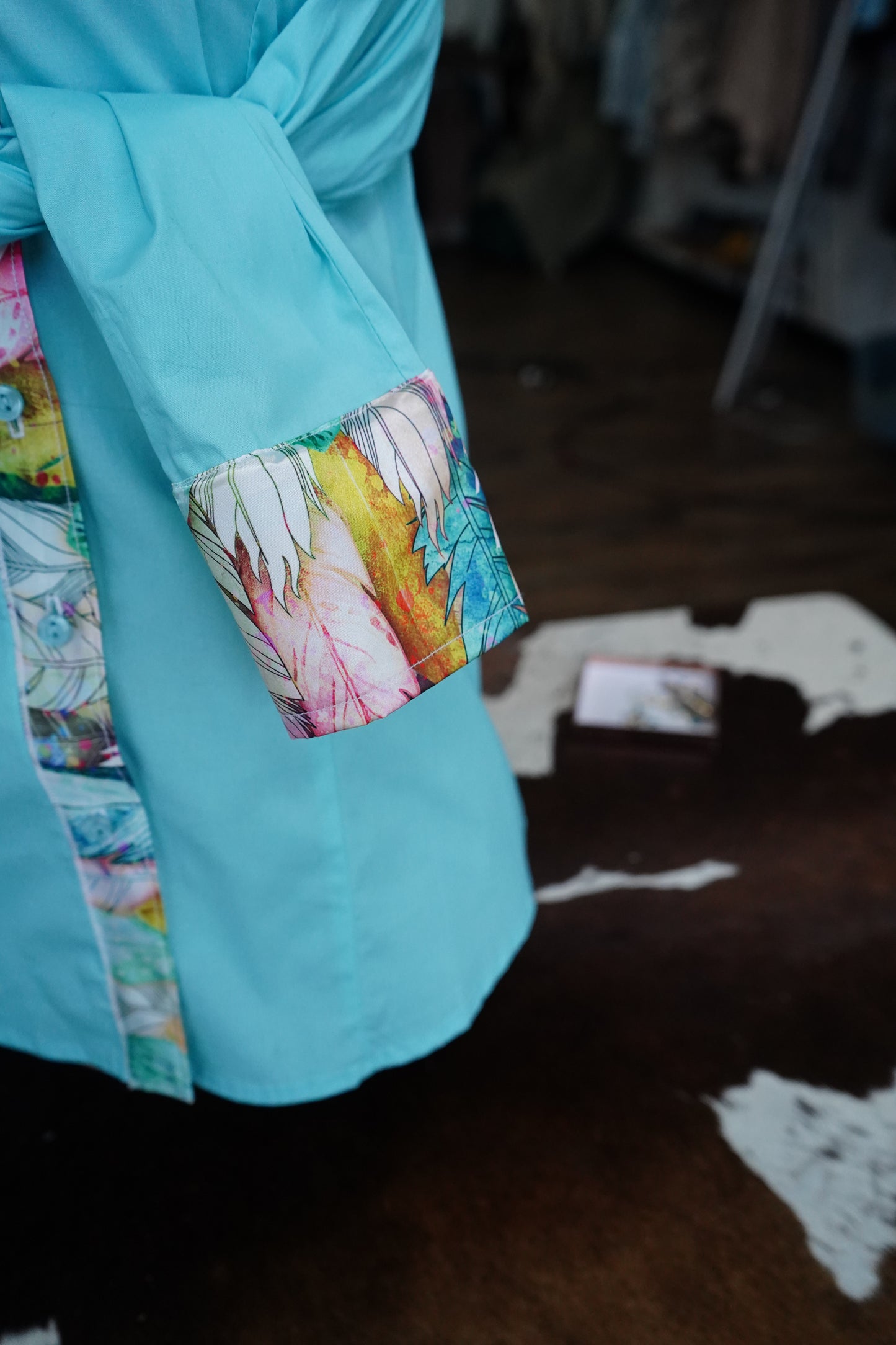 XL - Pink Feathers on Baby Blue Cotton Button Down