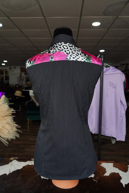 M - Pink Roses & Snow Leopard on B/W Stripe Cotton Button Down
