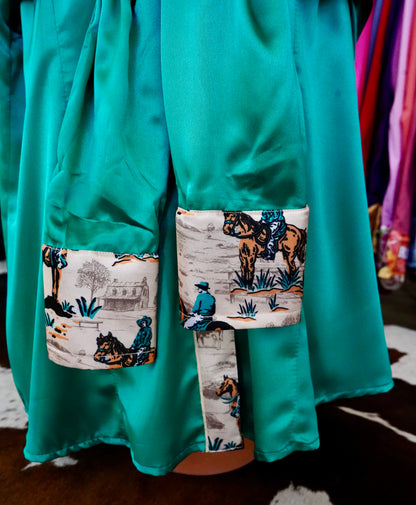 2XL - Tan & Emerald Cowboys on Emerald Satin Button Down