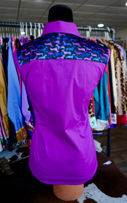L - Purple, Pink & Blue Weenie Dogs on Magenta Cotton Button Down