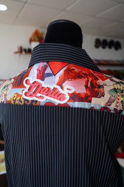 2XL - Cowboy Love on B/W Pinstripe Cotton Button Down