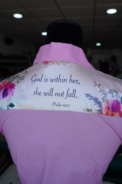 S - White Verses on Pink Cotton Button Down