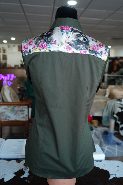 L - Pink Floral Raccoons on Olive Cotton Button Down