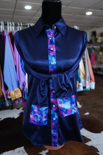 M - Pink & Blue Watercolor on Navy Satin Button Down