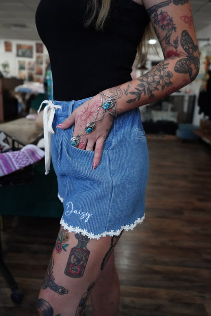 Daisy Script on Daisy Trim Denim Shorts