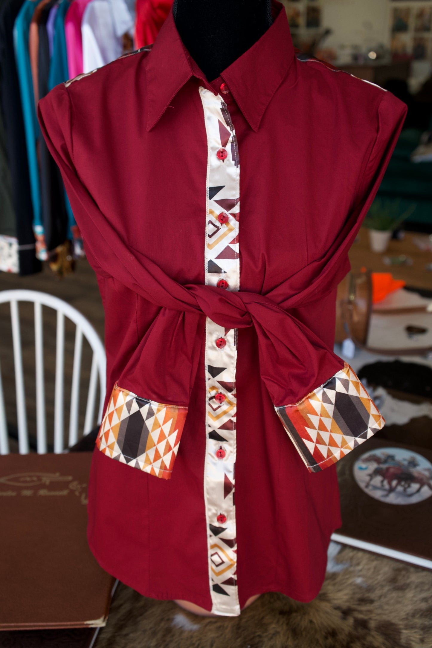 XL - Maroon Saddle Blanket on Burgundy Cotton Button Down