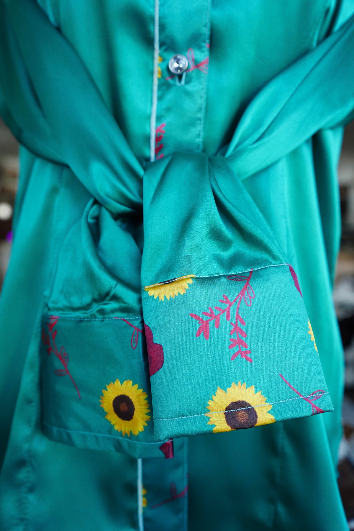L - Roses & Sunflowers on Emerald Satin Button Down