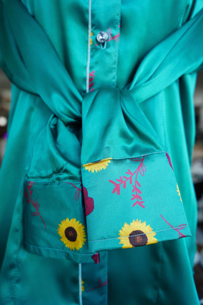 L - Roses & Sunflowers on Emerald Satin Button Down