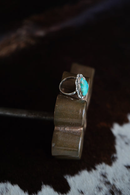 Turquoise Teardrop w/ Silver Swirl Border Ring - Adj
