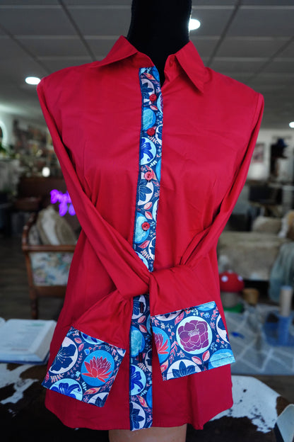 L - Patriotic Floral Stamps on Red Cotton Button Down