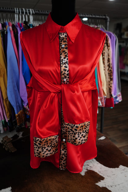 3XL - Cheetah on Red Satin Button Down
