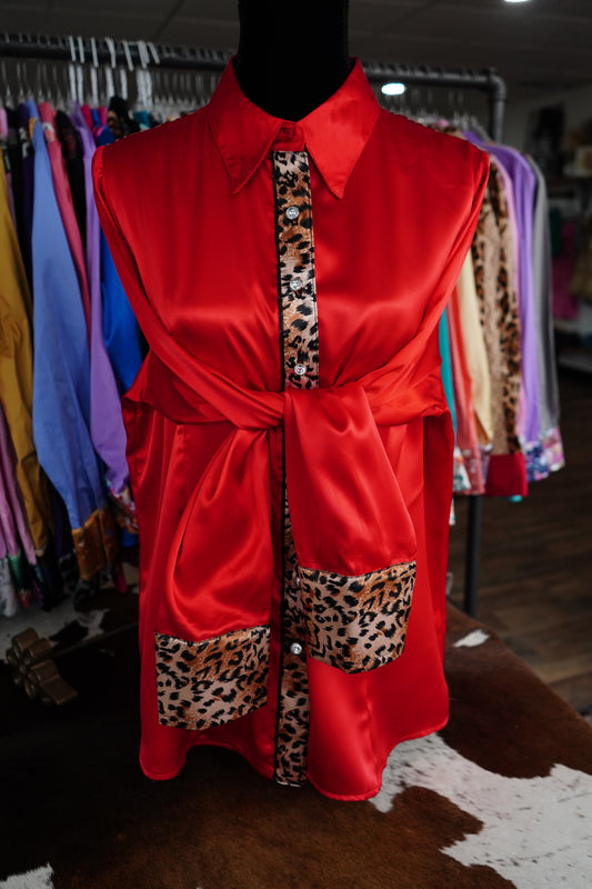 3XL - Cheetah on Red Satin Button Down