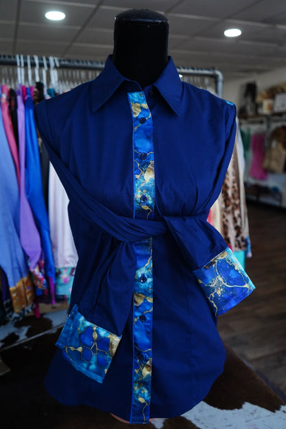 L - Blue & Navy Watercolor on Navy Cotton Button Down