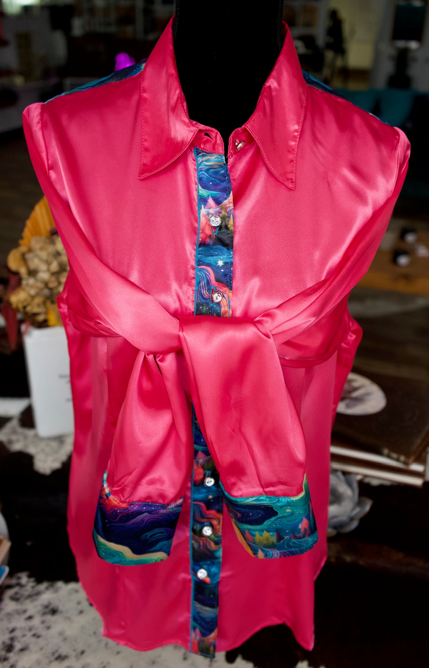 XL - Mystic Mountains on Hot Pink Satin Button Down