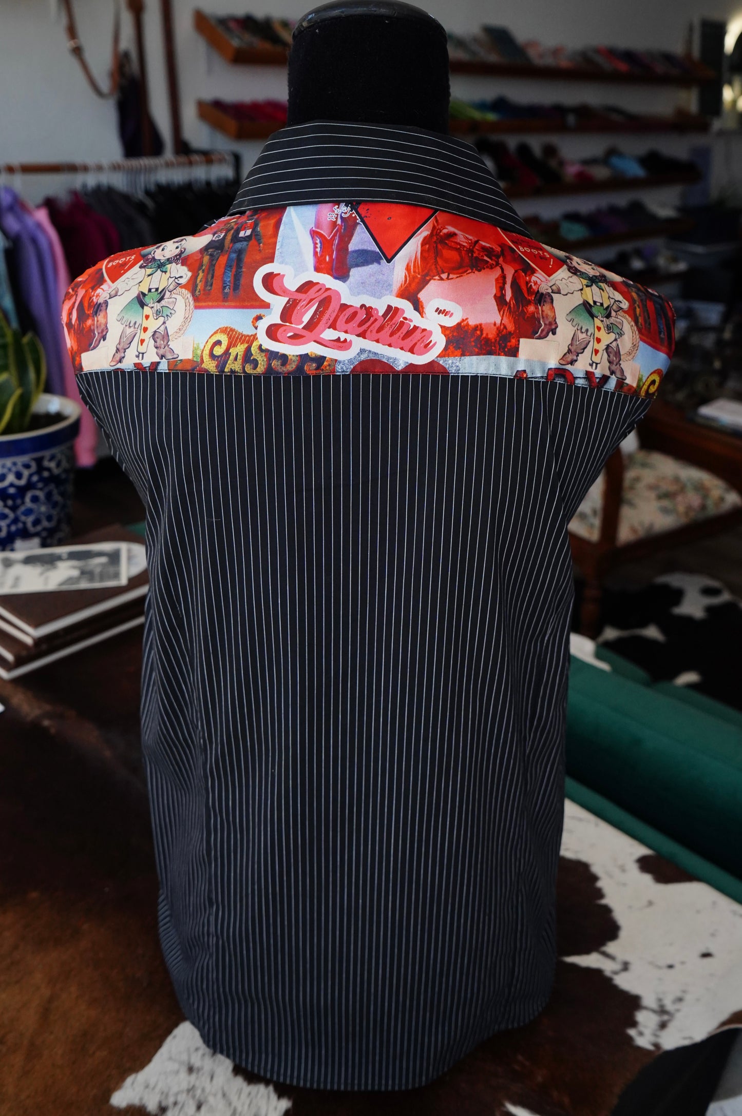 2XL - Cowboy Love on B/W Pinstripe Cotton Button Down