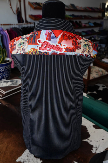 2XL - Cowboy Love on B/W Pinstripe Cotton Button Down