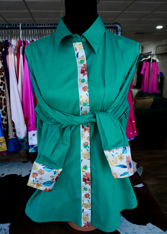 FLAWED - 2XL - Watercolor Sunflowers on Kelly Green Cotton Button Dowm