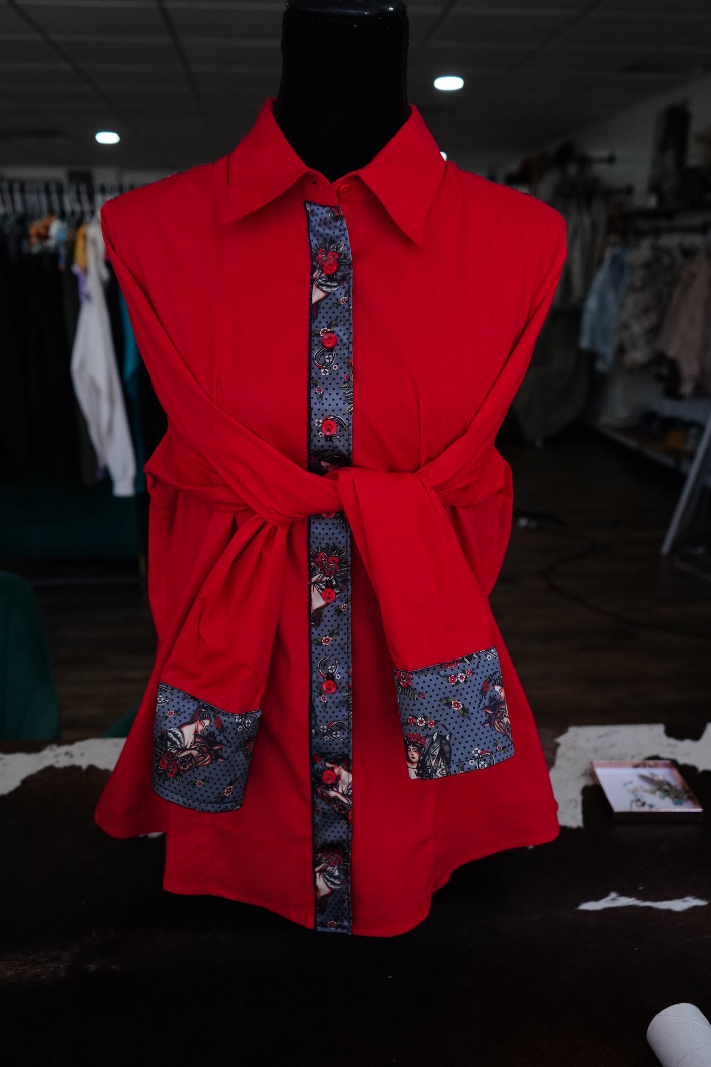 2XL - Gray Traditional Cowgirl on Red Cotton Button Down
